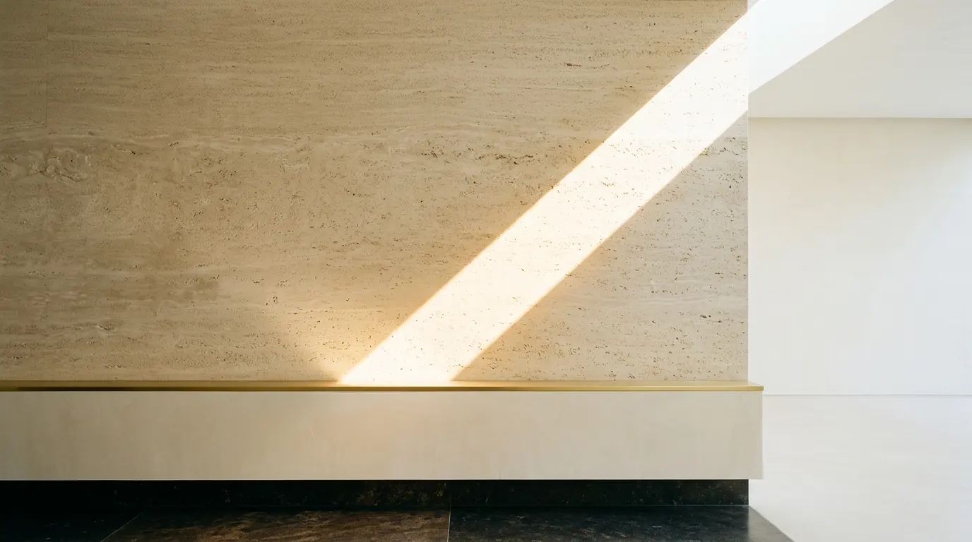 Lumière chaude sur un mur de pierre sable